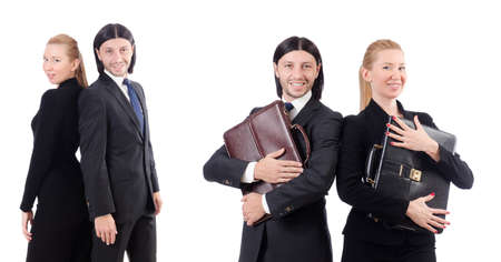 Businessman and businesswoman with briefcases isolated on whiteの写真素材
