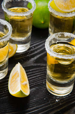Tequila drink served in glasses with lime and saltの写真素材