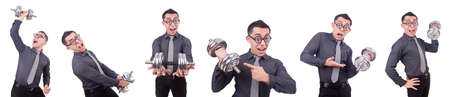 Funny businessman with dumbbells isolated on whiteの写真素材