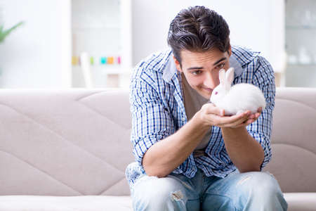 Young man playing with pet rabbit at homeの写真素材