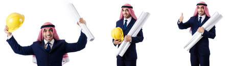 Arab engineer with drawings on whiteの写真素材