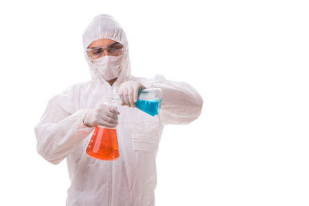 Chemist working with radioactive substances isolated on white baの写真素材
