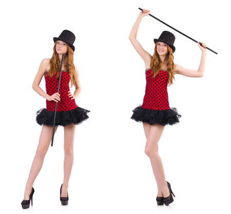 Girl in red polka-dot dress isolated on white