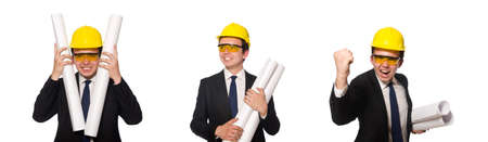 Funny architect with drawings on whiteの写真素材