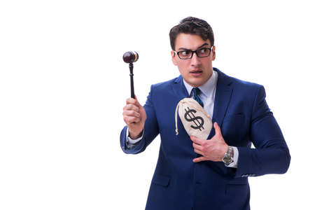 Lawyer with a gavel and a moneybag money bad isolated on whiteの写真素材