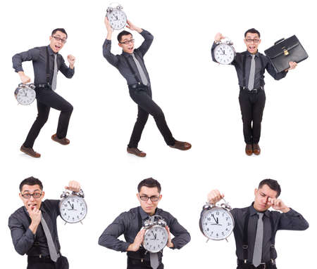 Funny businessman with clock isolated on whiteの写真素材