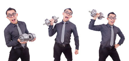 Funny businessman with dumbbells isolated on whiteの写真素材