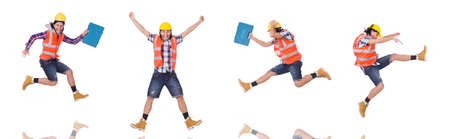 Running young builder with toolbox isolated on whiteの写真素材