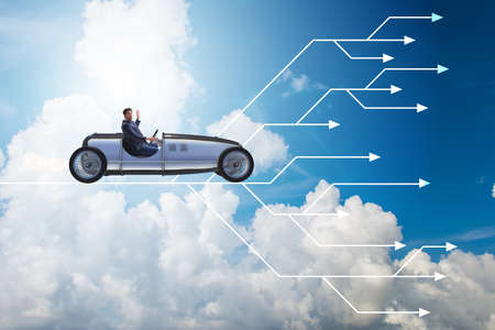 Businessman driving sports car choosing different career paths