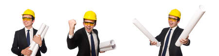 Funny architect with drawings on whiteの写真素材