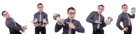 Funny businessman with dumbbells isolated on whiteの写真素材