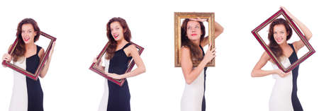 Woman with picture frame on white