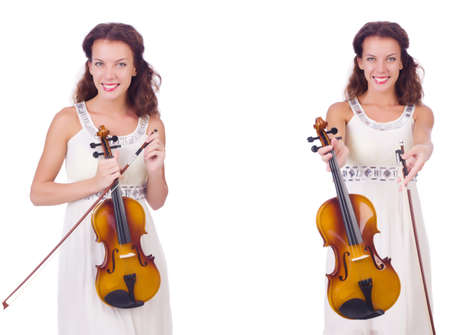 Woman playing violin isolated on white backgroundの写真素材