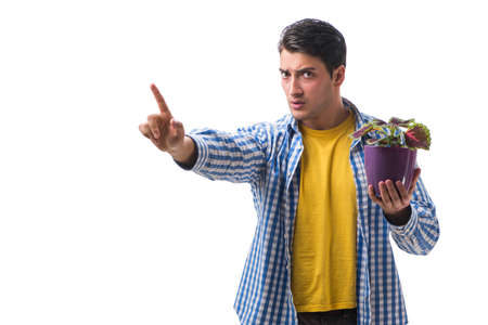 Young man with flower pot isolated on whiteの写真素材