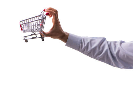 Hand holding shopping cart isolated on whiteの写真素材