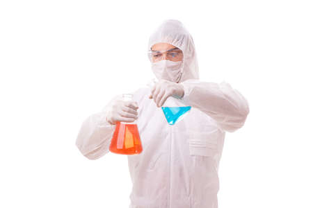 Chemist working with radioactive substances isolated on white baの写真素材