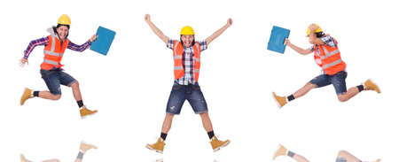 Running young builder with toolbox isolated on whiteの写真素材