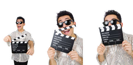 Man with movie clapperboard isolated on whiteの写真素材
