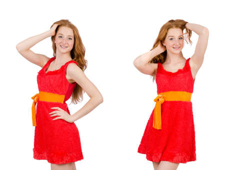Pretty young girl in red dress isolated on whiteの写真素材
