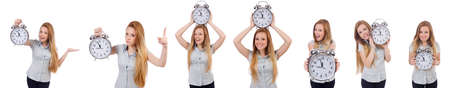 Young woman with clock on white