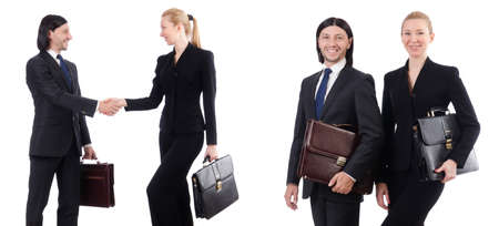 Businessman and businesswoman with briefcases isolated on whiteの写真素材