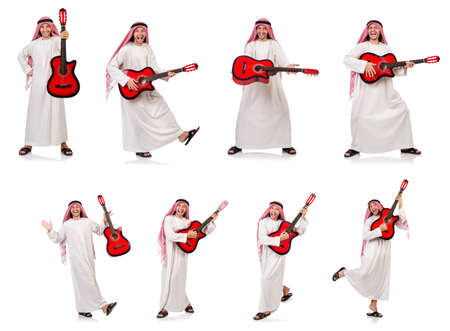 Arab man playing guitar isolated on whiteの写真素材
