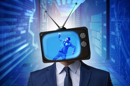Man with television head in tv addiction concept