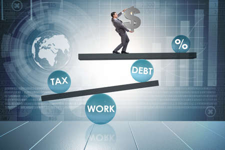 Businessman in debt and tax business conceptの写真素材