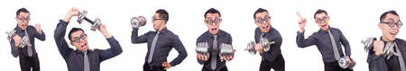 Funny businessman with dumbbells isolated on whiteの写真素材