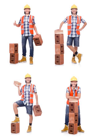 Builder with clay bricks isolated on whiteの写真素材