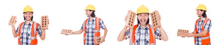 Builder with clay bricks isolated on whiteの写真素材