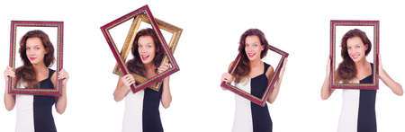 Woman with picture frame on white background