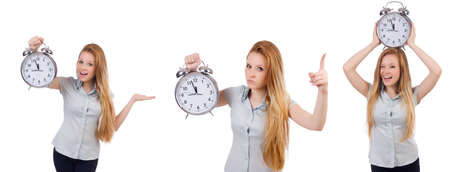Young woman with clock on white background