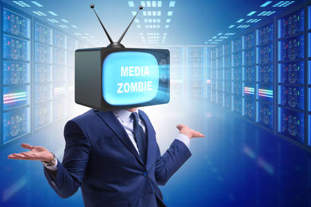Man with television head in tv addiction concept