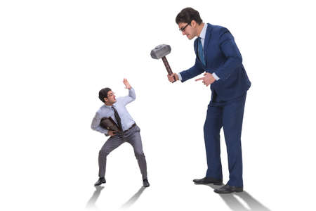 Bad angry boss threatening employee with hammerの写真素材