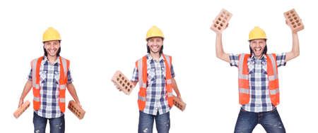 Builder with clay bricks isolated on white