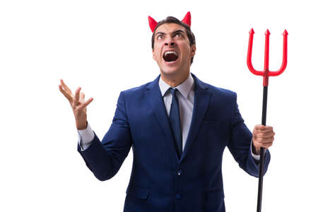 Evil devil businessman with pitchfork isolated on white background