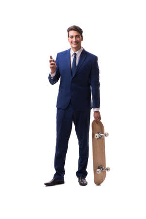 Businessman with skateboard isolated on white backgroundの写真素材