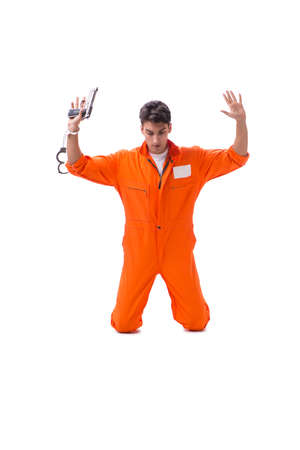 Prisoner with gun isolated on white backgroundの写真素材