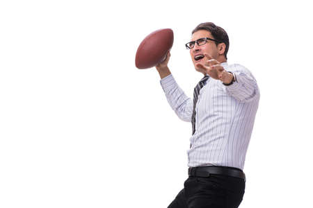 Young businessman with american football isolated on whiteの写真素材