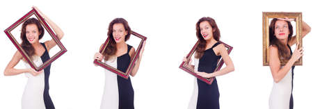 Woman with picture frame on whiteの写真素材