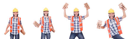 Builder with clay bricks isolated on white