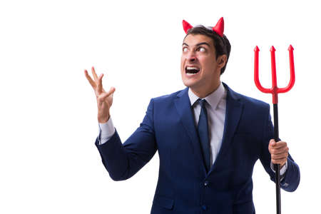 Evil devil businessman with pitchfork isolated on white backgrouの写真素材