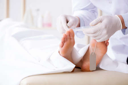 Police coroner examining dead body corpse in morgueの写真素材