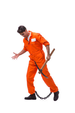 Prisoner with axe isolated on white backgroundの写真素材