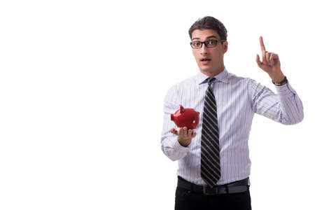 Young businessman with piggybank isolated on white backgroundの写真素材