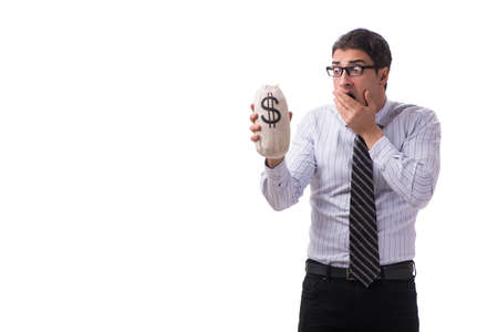 Young businessman with money sack isolated on white backgroundの写真素材