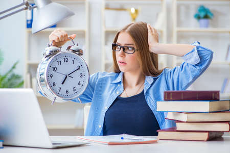 Young teenage female student preparing for exams at homeの写真素材