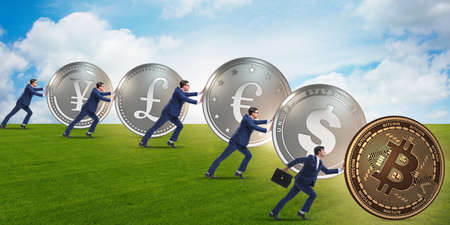 Businessman pushing bitcoin in cryptocurrency conceptの写真素材