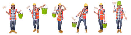 Funny painter with painting accessories isolated on whiteの写真素材